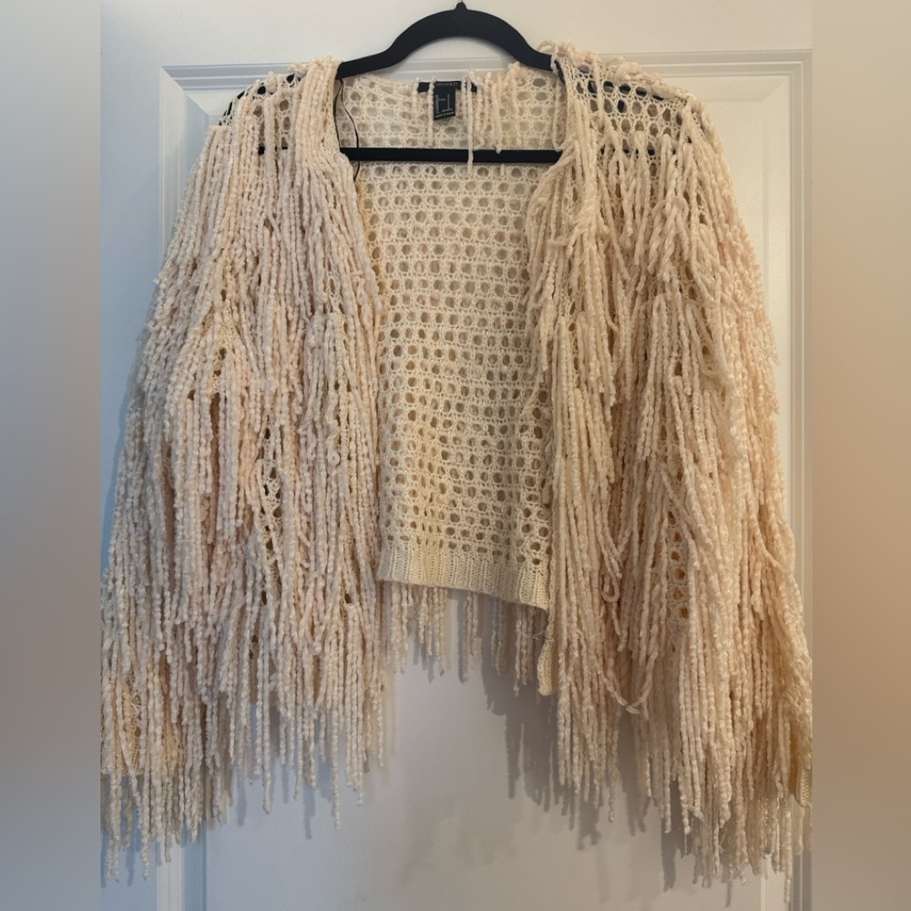 Fringed Open Crochet Cardigan - Cream